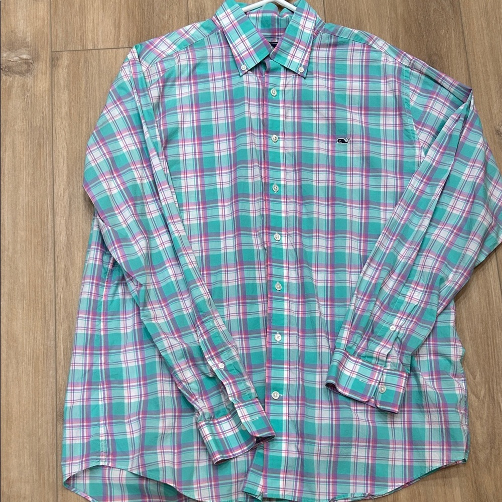 Vineyard Vines Men's Plaid Shirt - Aqua and Pink